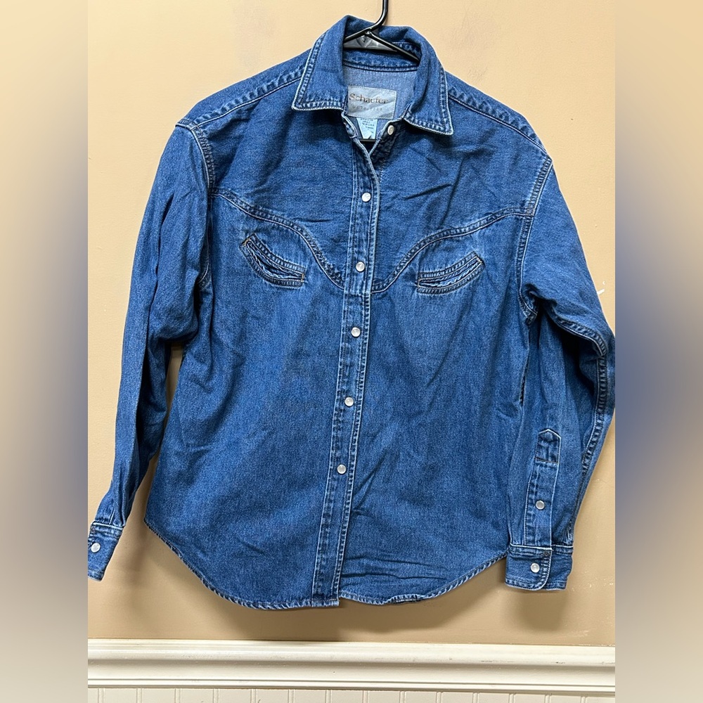 Schaefer Outfitter Denim Pearl Snap Western Button Down Work Shirt Size Small